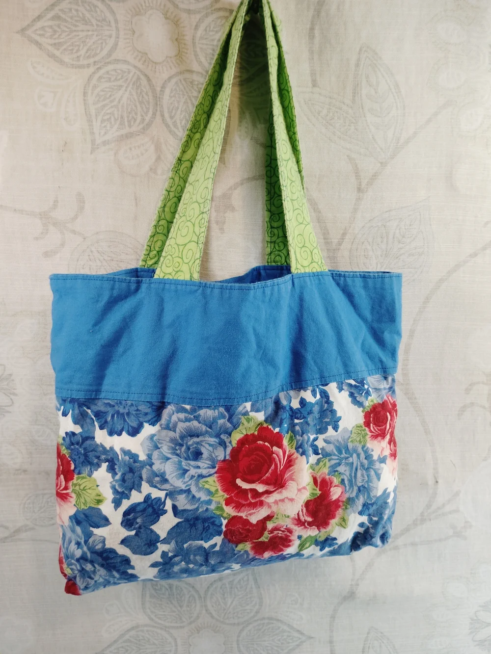 Floral Canvas Tote Bag with Blue Trim and Green Handles